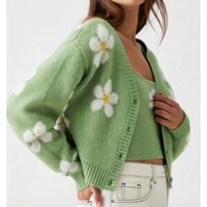 L. A. Hearts Green w/ Daisies Heartbreaker Cropped Cardigan sz XS